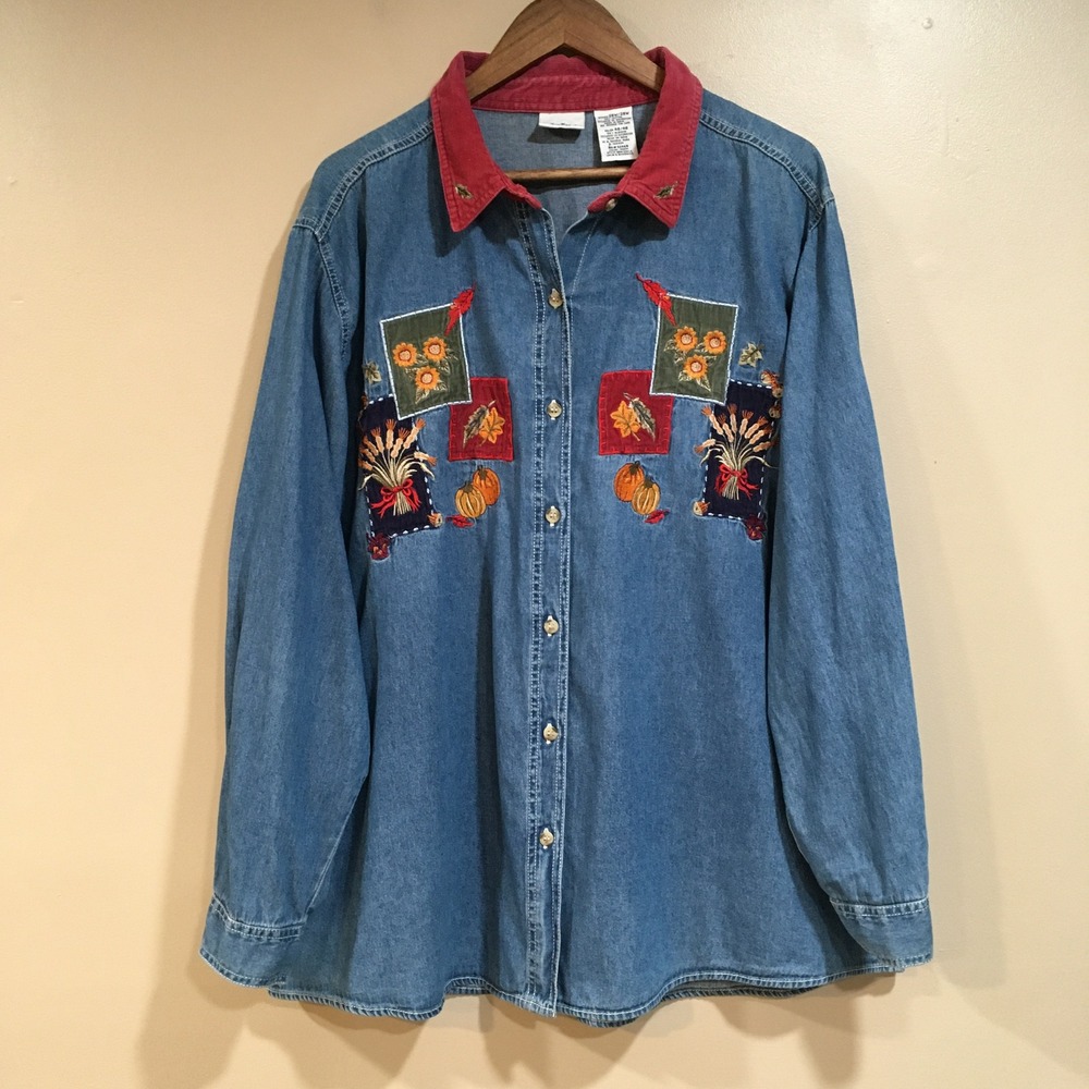 Vtg Bobbie Brooks Embroidered Denim Shirt Women 26W/28W Fall Pumpkin Grandmacore